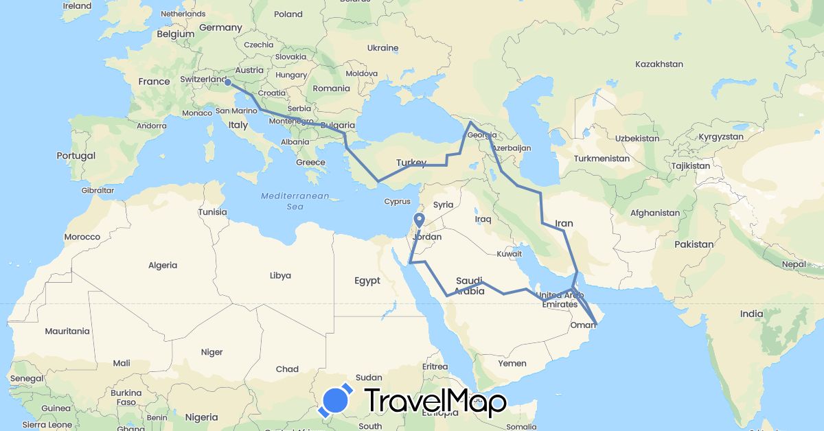 TravelMap itinerary: driving, cycling in United Arab Emirates, Georgia, Croatia, Iran, Italy, Montenegro, Serbia, Saudi Arabia, Turkey, Kosovo (Asia, Europe)